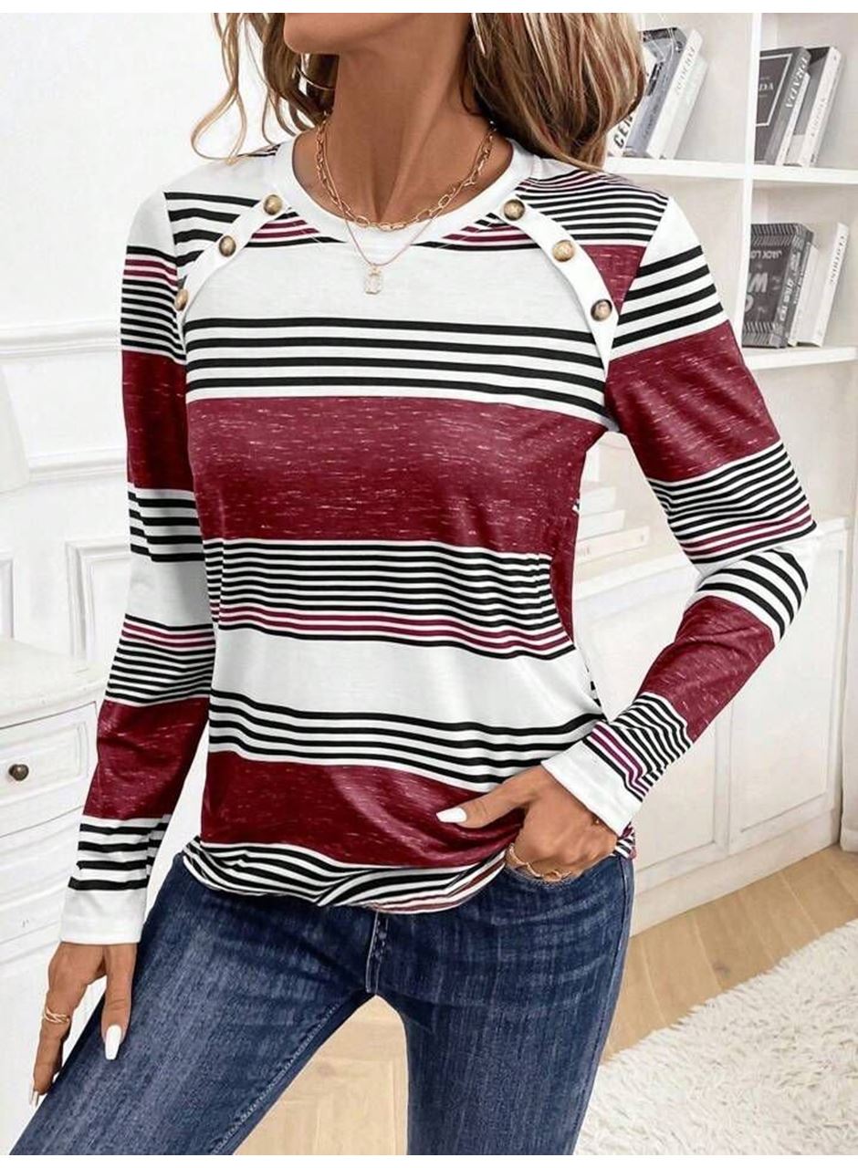 Kadın Uzun Kollu Bisiklet Yaka Düğme Detaylı Desenli Süprem Bluz