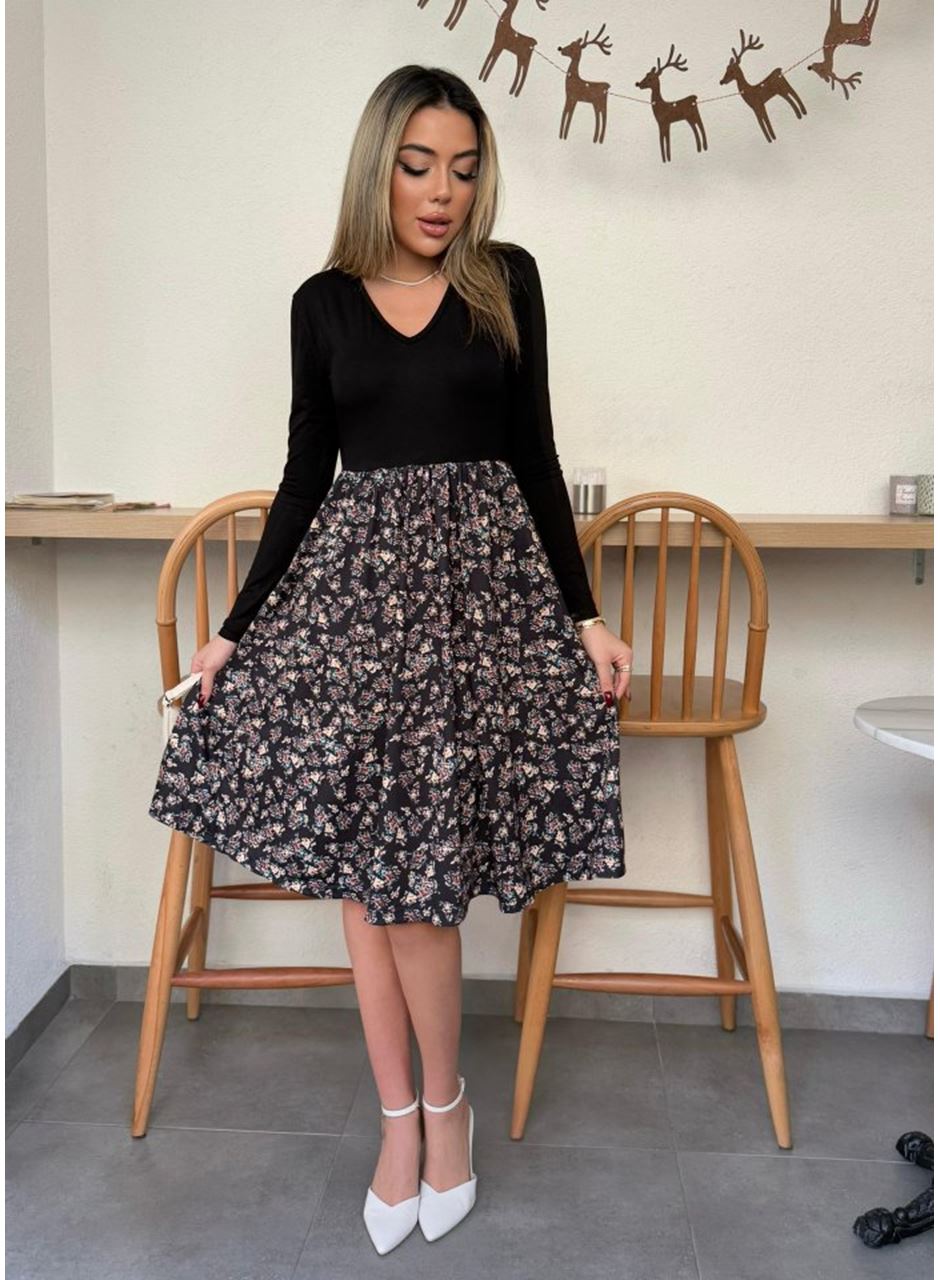 Kadın Uzun Kollu V Yakalı üst Viskon Alt çiçek Desenli Süprem Kısa Elbise