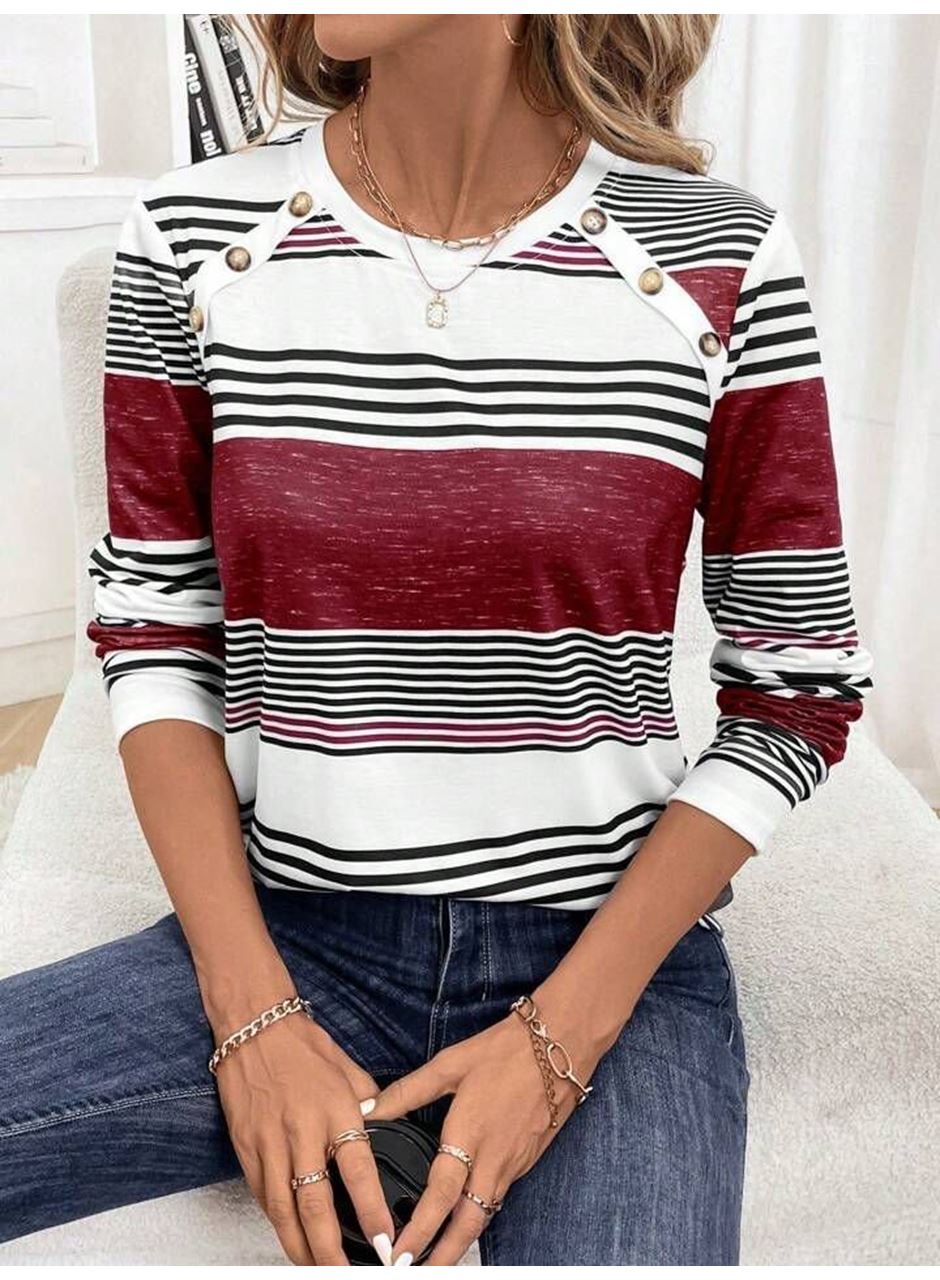 Kadın Uzun Kollu Bisiklet Yaka Düğme Detaylı Desenli Süprem Bluz