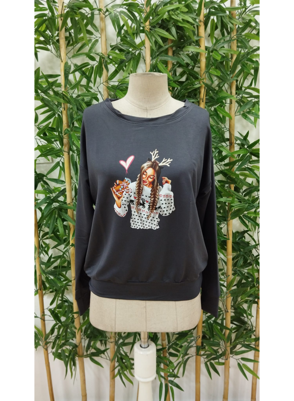 Kadın Yılbaşı özel Uzun Kollu Bisiklet Yaka Desenli Viskon Iki Iplik Bluz