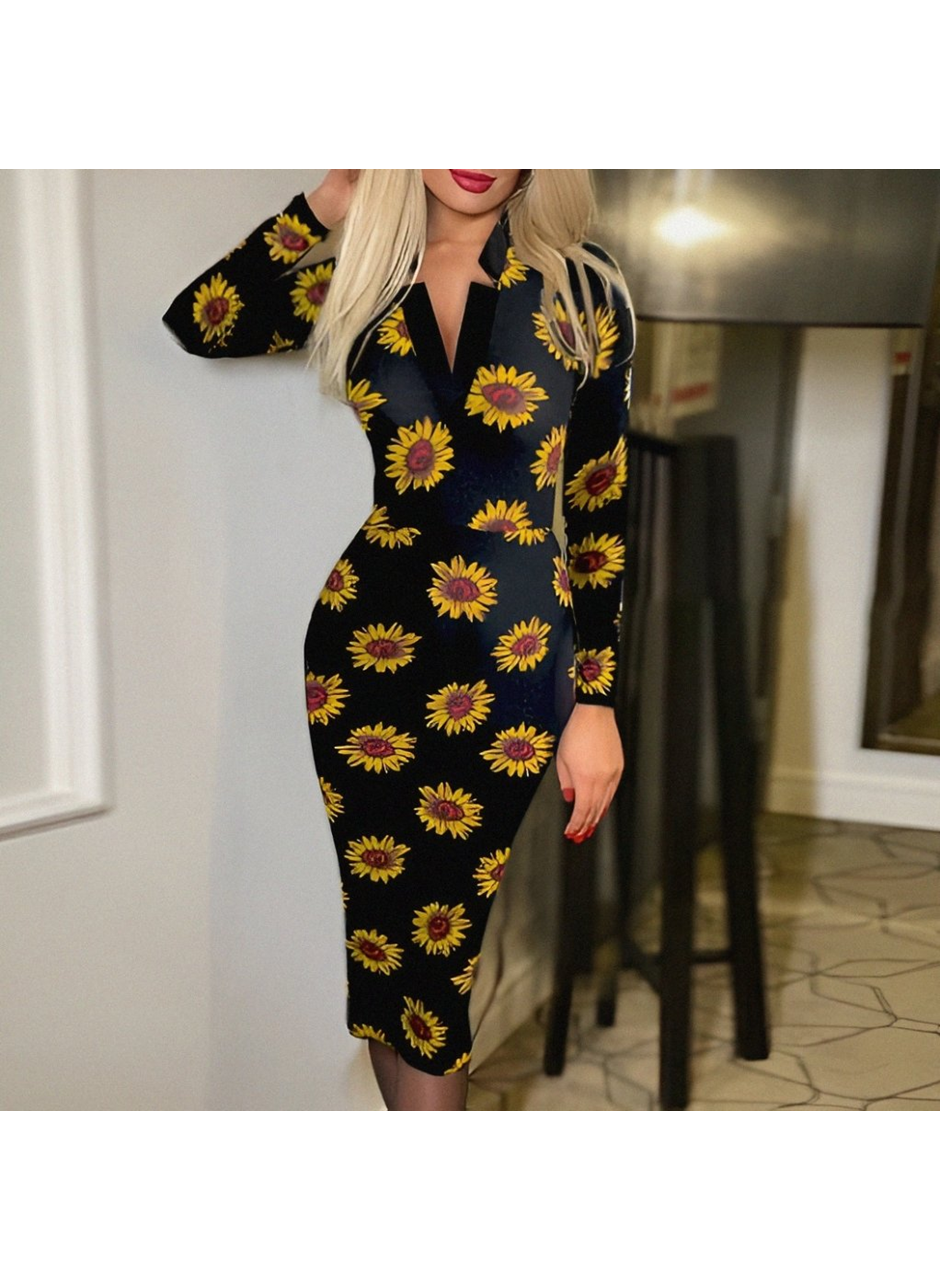 Kadın Uzun Kollu V Yaka Puantiyeli Krep Midi Boy Elbise