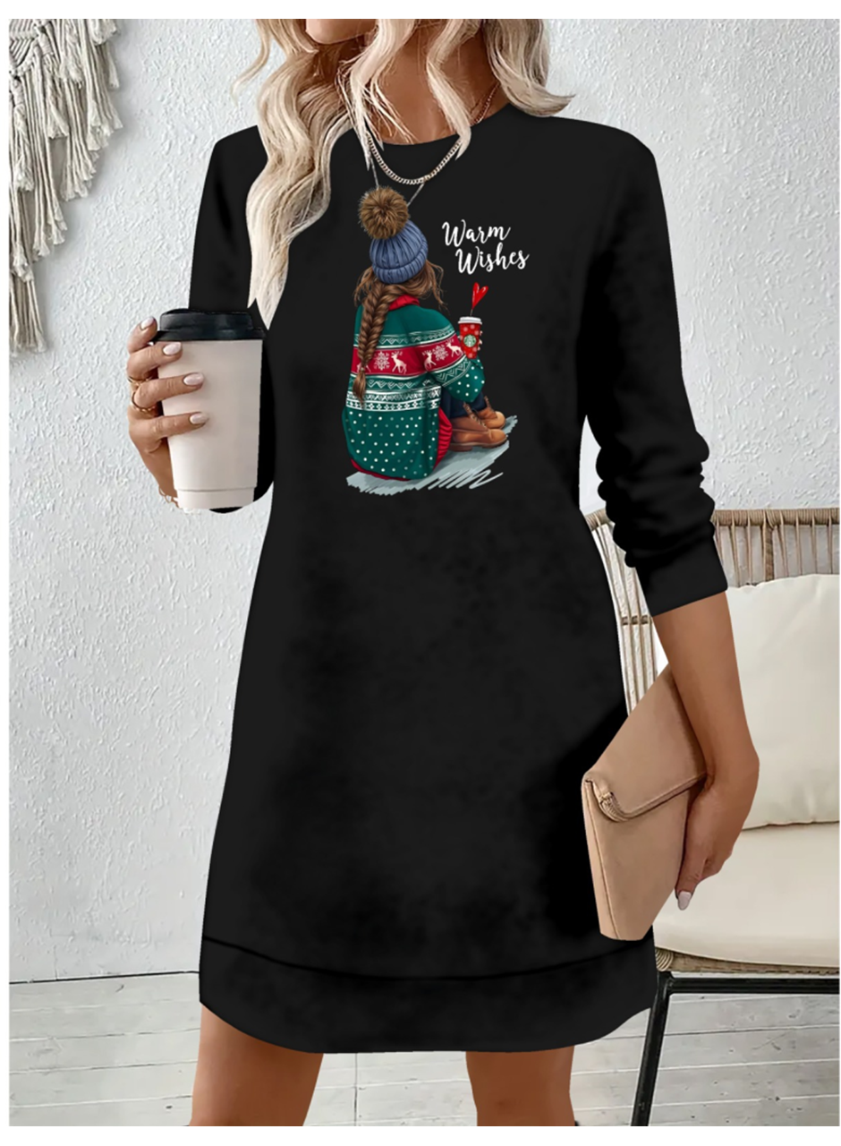 Kadın Uzun Kollu Bisiklet Yaka Desenli Viskon Iki Iplik Elbise