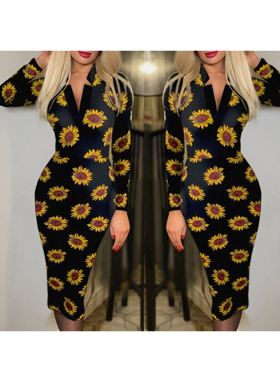 Kadın Uzun Kollu V Yaka Puantiyeli Krep Midi Boy Elbise