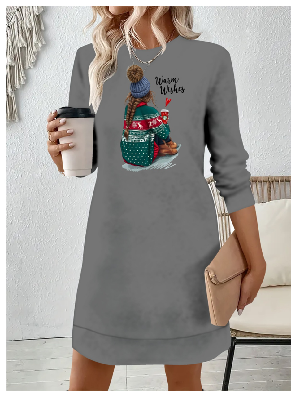 Kadın Uzun Kollu Bisiklet Yaka Desenli Viskon Iki Iplik Elbise