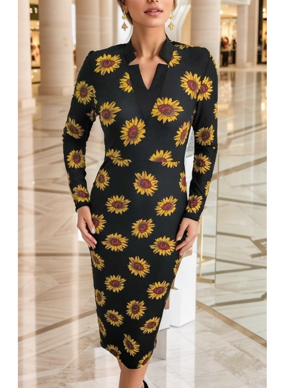 Kadın Uzun Kollu V Yaka Puantiyeli Krep Midi Boy Elbise