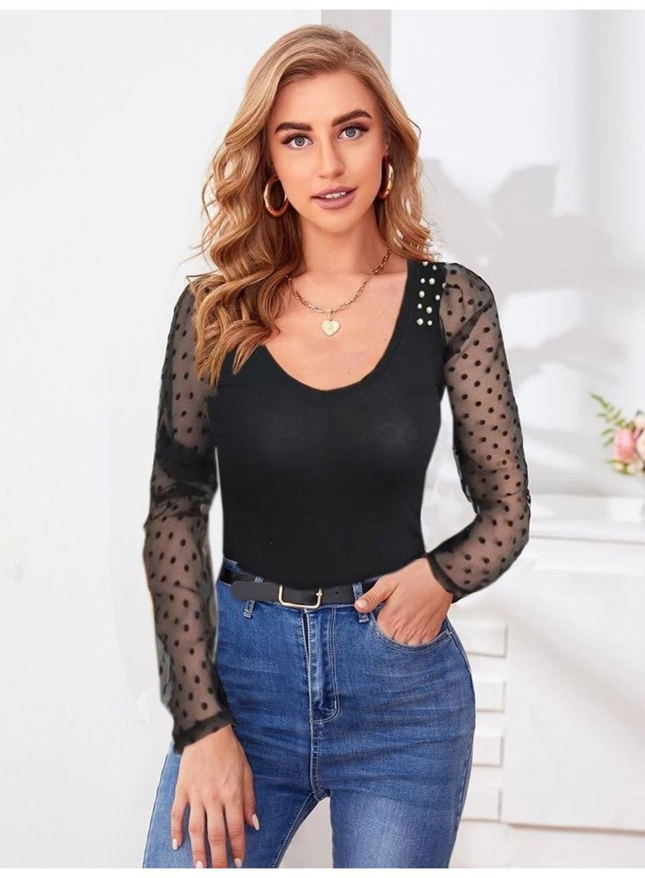 Kadın Uzun Kollu Omuz Inci Kollar Tül Detay Viskon Bluz