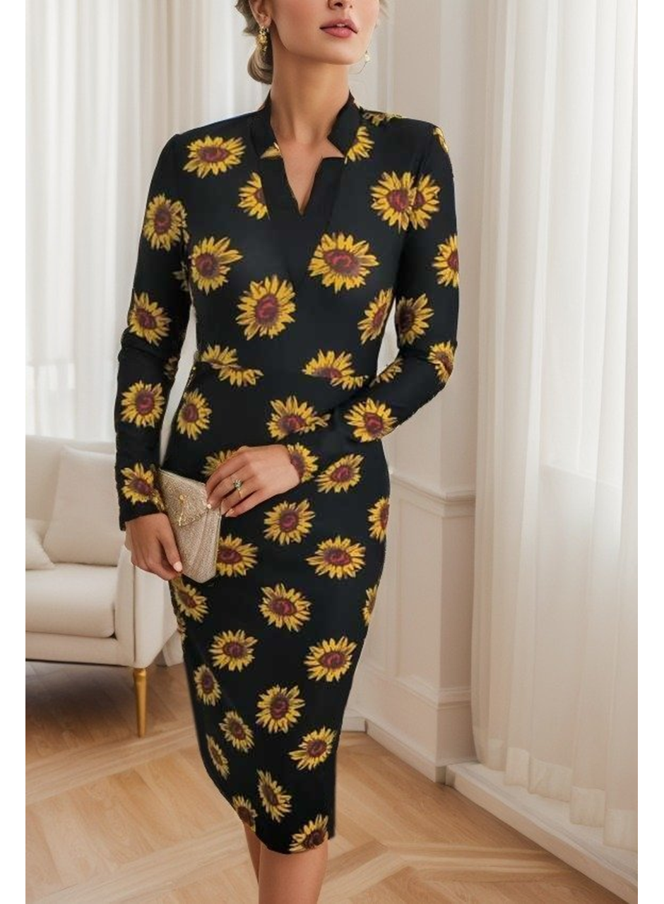 Kadın Uzun Kollu V Yaka Puantiyeli Krep Midi Boy Elbise