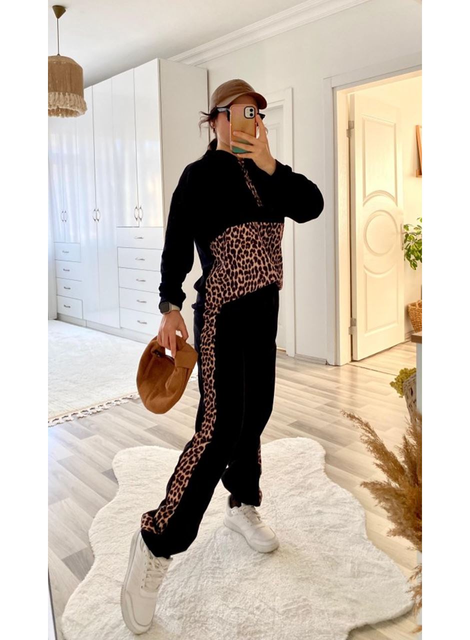 Kadın Uzun Kollu Leopar Detay Sweat Ve Yanı Leopar şerit Detay Pantolon Ikili Takım