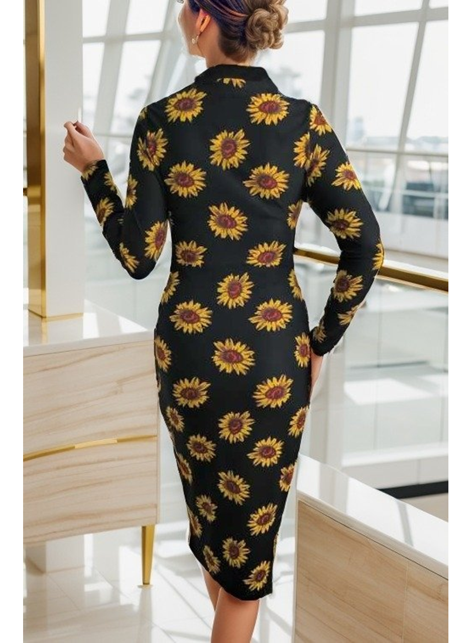 Kadın Uzun Kollu V Yaka Puantiyeli Krep Midi Boy Elbise