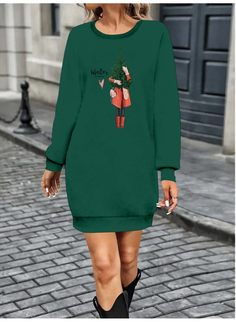 Kadın Uzun Kollu Bisiklet Yaka Desenli Kısa Viskon Iki Iplik Elbise