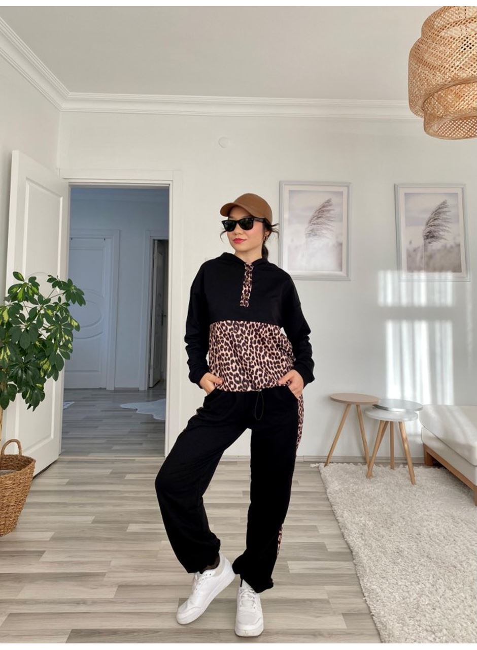 Kadın Uzun Kollu Leopar Detay Sweat Ve Yanı Leopar şerit Detay Pantolon Ikili Takım
