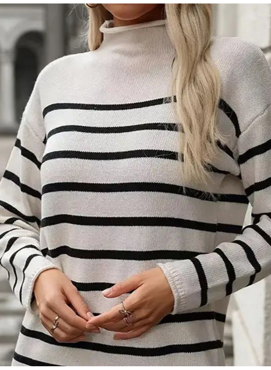 Kadın Uzun Kollu Yarım Balıkçı Yaka çizgilitriko Mini Boy Elbise (kemersiz)