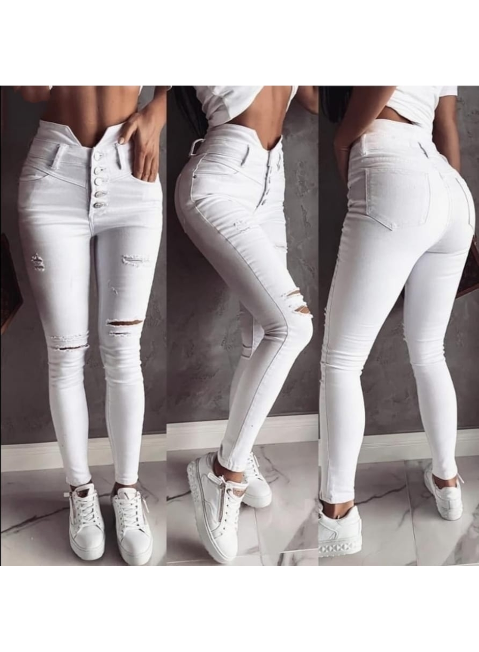 5 Düğmeli V Detay Bel Yırtık Kot