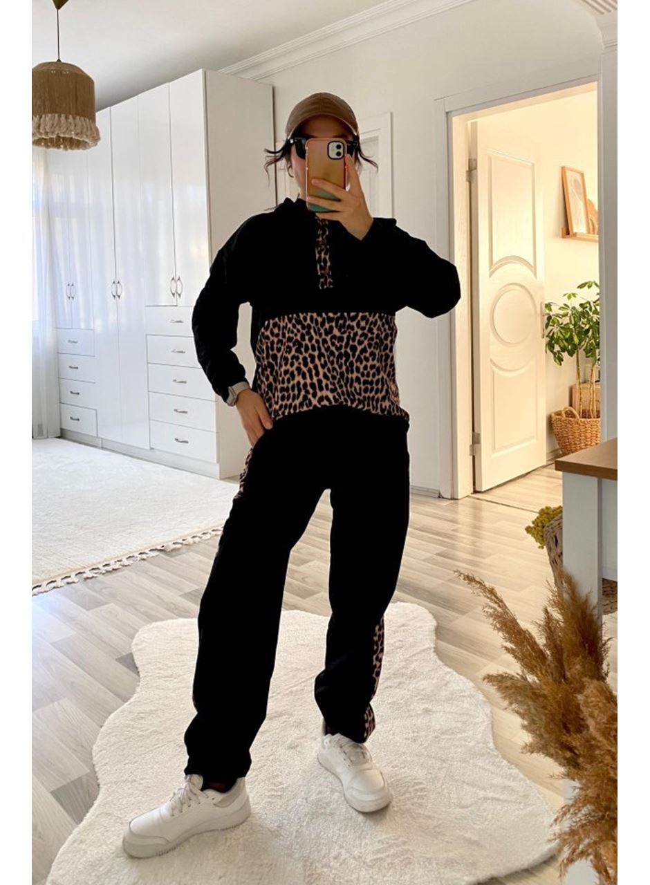 Kadın Uzun Kollu Leopar Detay Sweat Ve Yanı Leopar şerit Detay Pantolon Ikili Takım