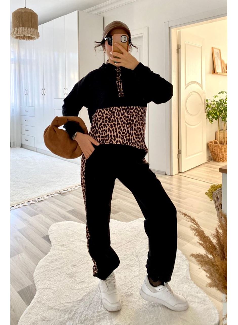 Kadın Uzun Kollu Leopar Detay Sweat Ve Yanı Leopar şerit Detay Pantolon Ikili Takım