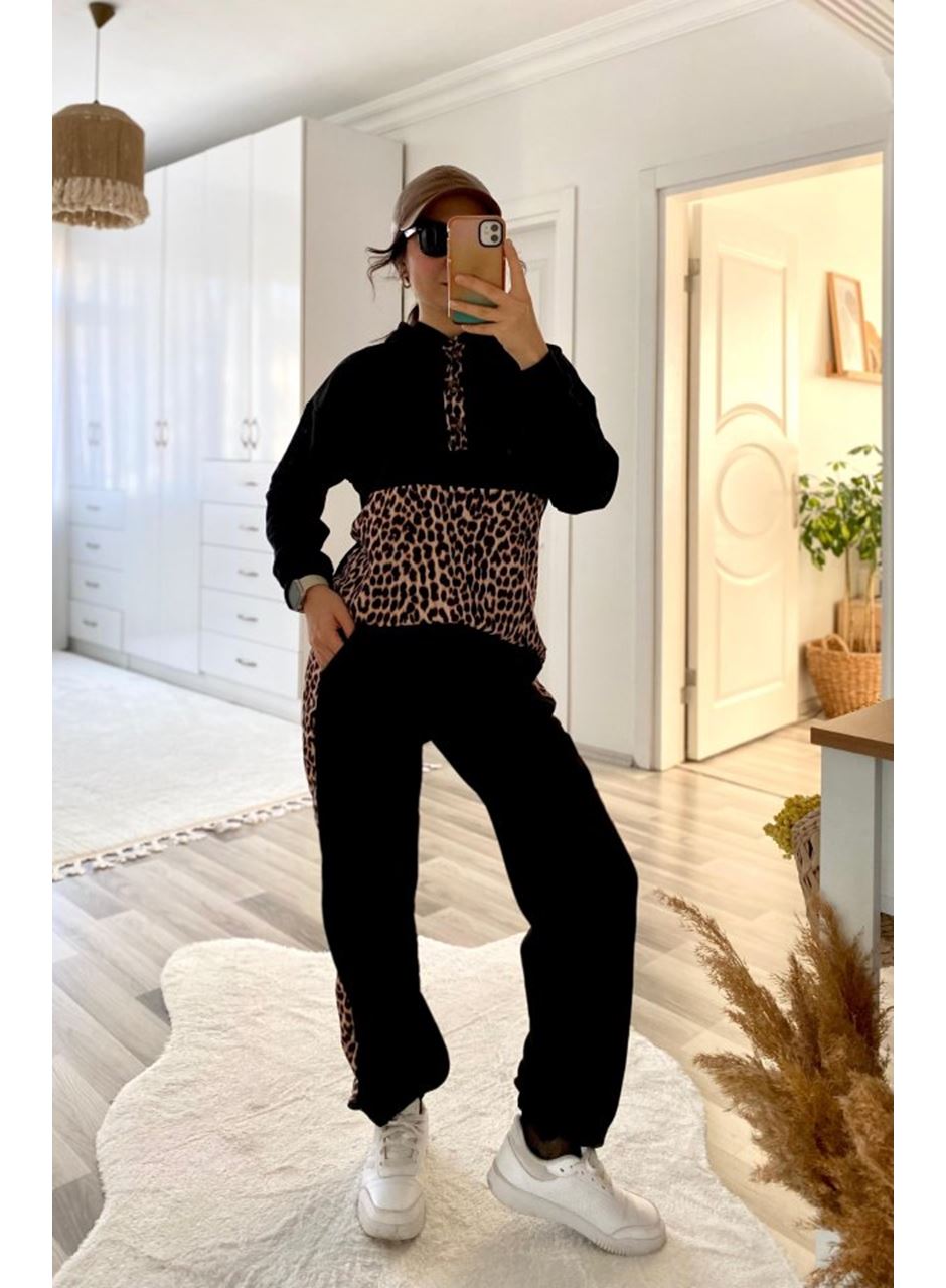 Kadın Uzun Kollu Leopar Detay Sweat Ve Yanı Leopar şerit Detay Pantolon Ikili Takım