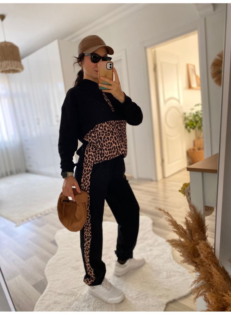 Kadın Uzun Kollu Leopar Detay Sweat Ve Yanı Leopar şerit Detay Pantolon Ikili Takım