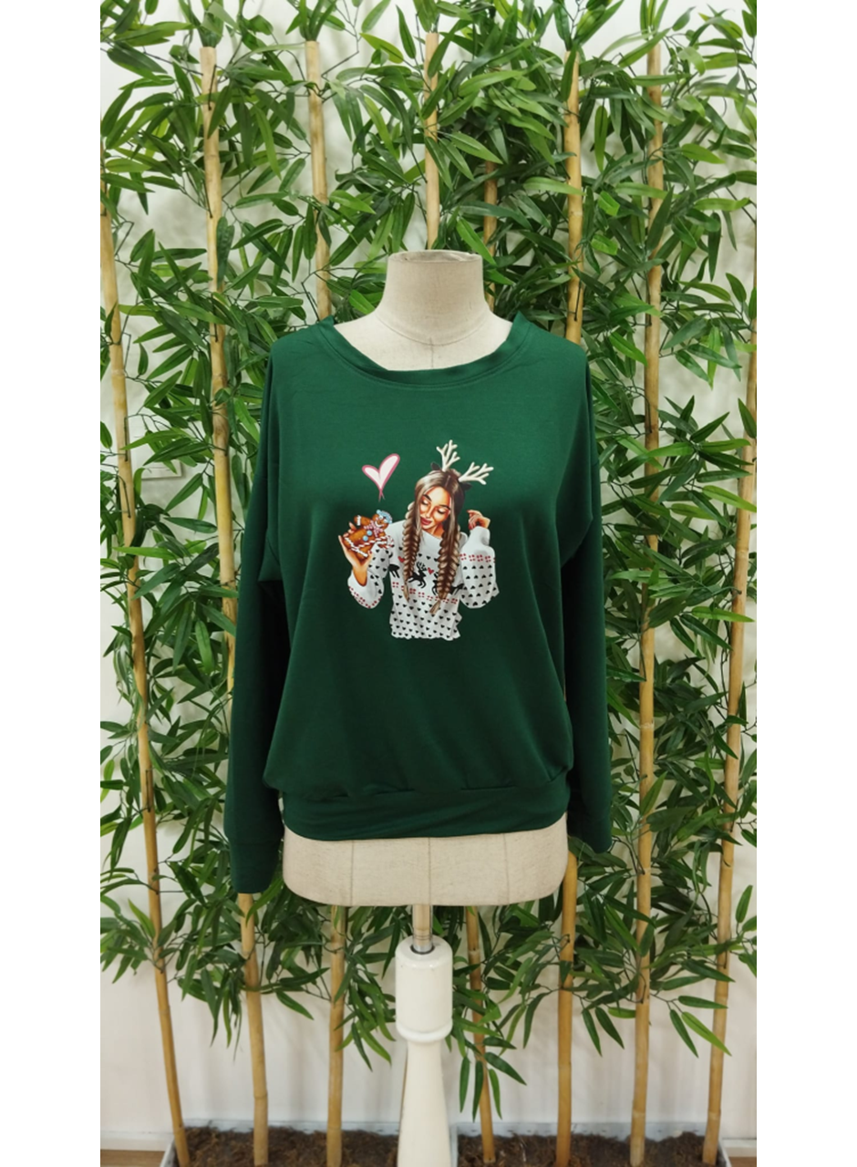 Kadın Yılbaşı Özel Uzun Kollu Bisiklet Yaka Desenli Viskon Iki Iplik Bluz