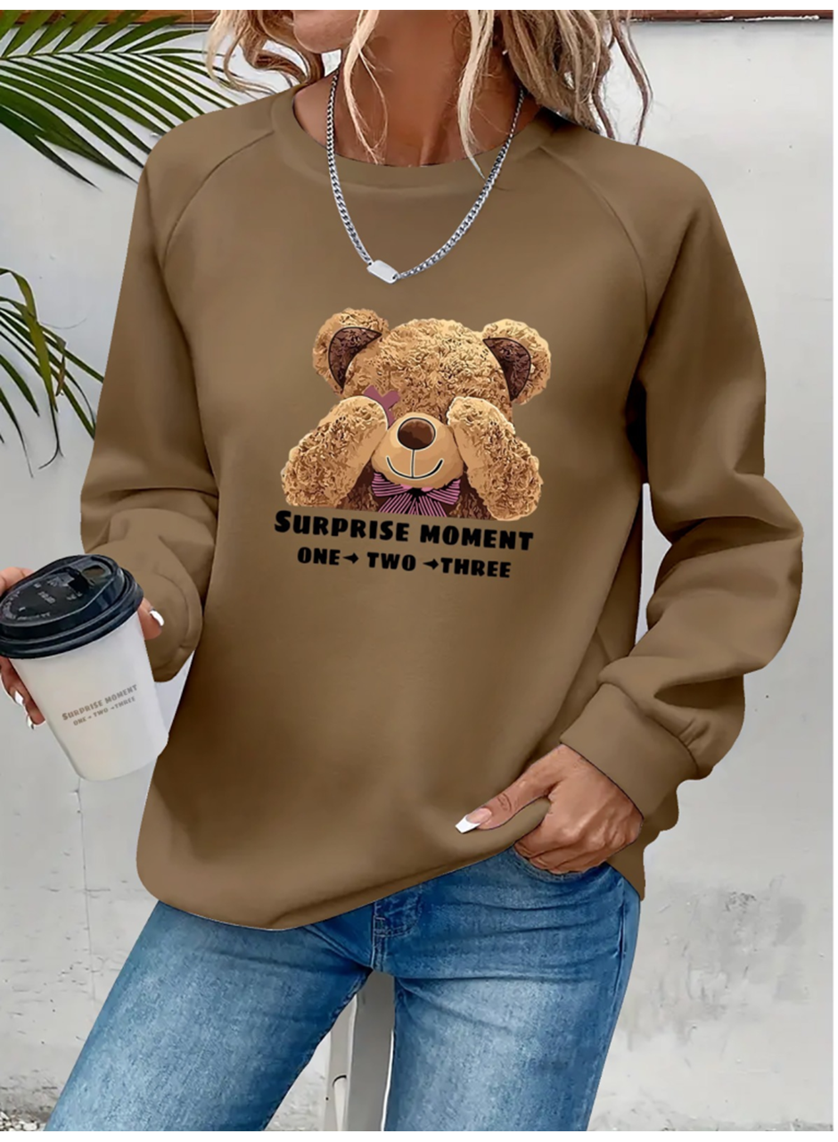 Kadın Uzun Kollu Bisiklet Yaka Ayıcık Desenli Viskon Iki Iplik Bluz