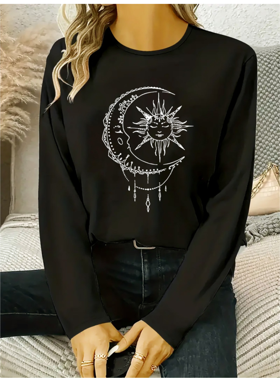 Kadın Uzun Kollu Bisiklet Yaka Ay Baskılı Viskon Bluz