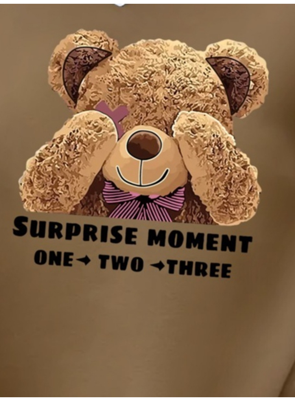 Kadın Uzun Kollu Bisiklet Yaka Ayıcık Desenli Viskon Iki Iplik Bluz