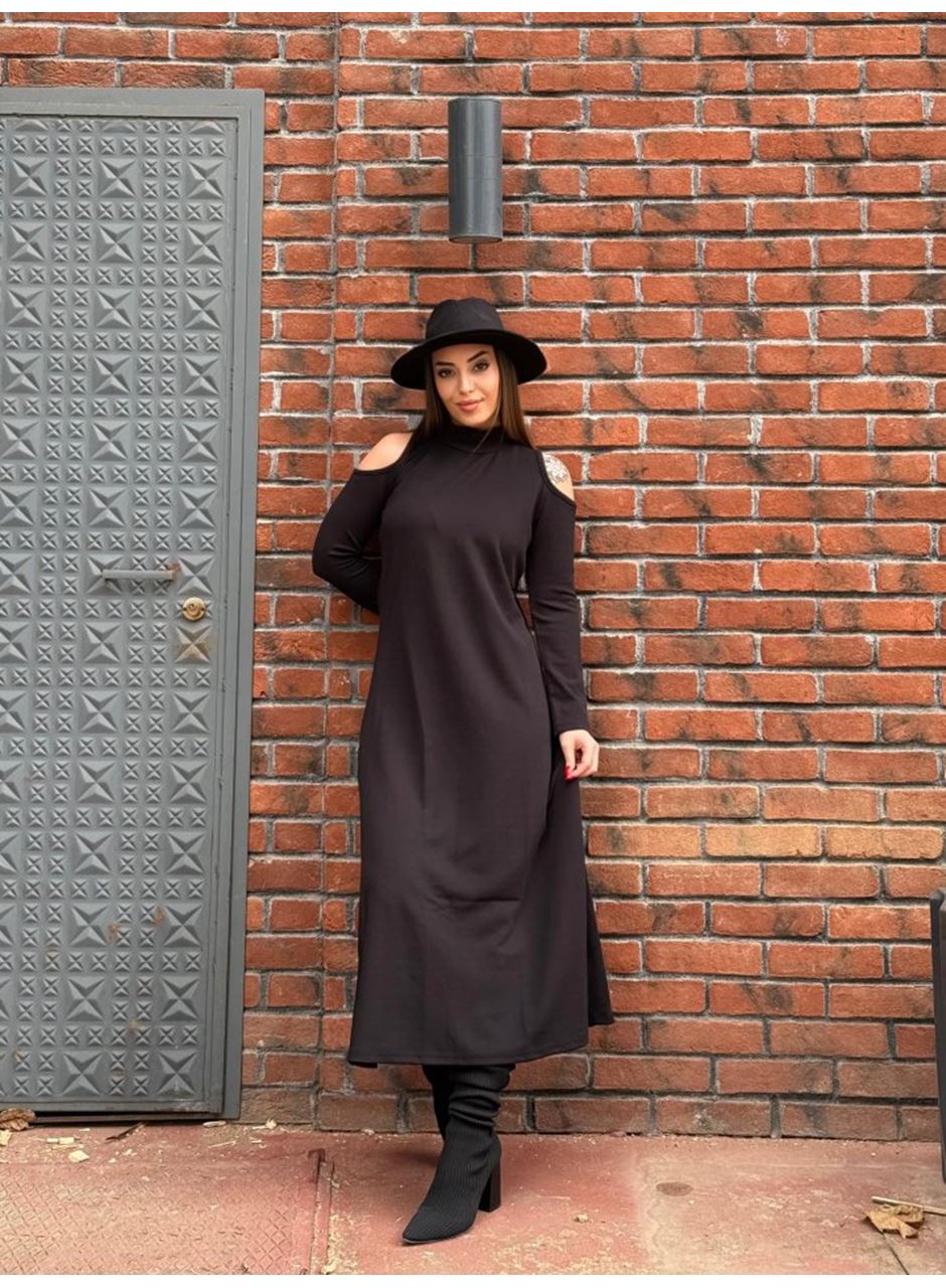 Kadın Balıkçı Yaka Omuzlardan Açık Uzun Kollu Janjan Krep Elbise