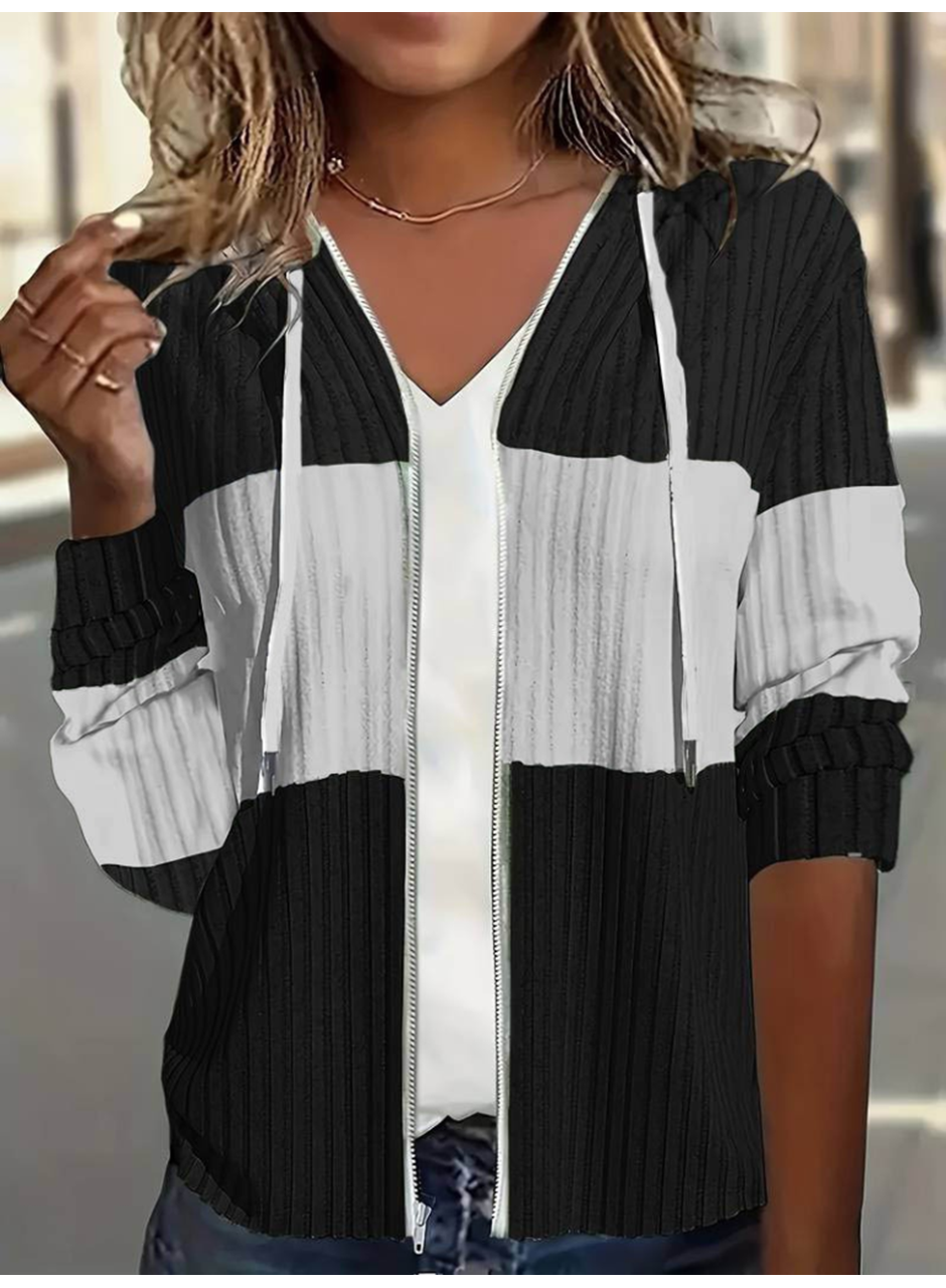 Kadın Uzun Kollu Kapşonlu önden Fermuarlı Blok Desenli şardonlu Kaşkorse Ceket