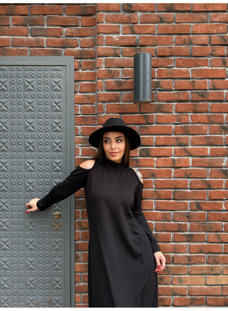 Kadın Balıkçı Yaka Omuzlardan Açık Uzun Kollu Janjan Krep Elbise