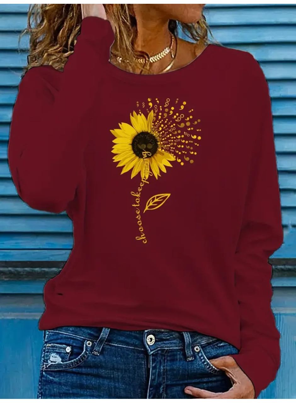 Kadın Uzun Kollu Bisiklet Yaka Ayçiçeği Desenli Viskon Bluz