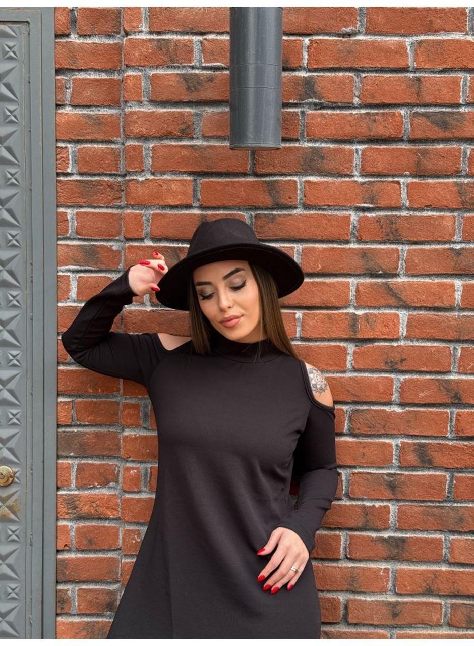 Kadın Balıkçı Yaka Omuzlardan Açık Uzun Kollu Janjan Krep Elbise