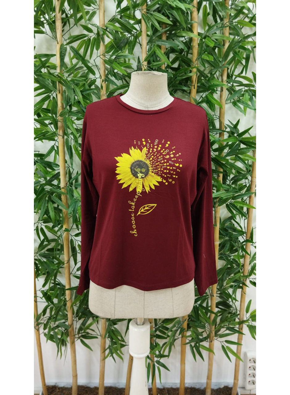 Kadın Uzun Kollu Bisiklet Yaka Ayçiçeği Desenli Viskon Bluz