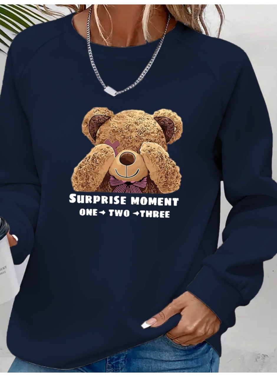 Kadın Uzun Kollu Bisiklet Yaka Ayıcık Desenli Viskon Iki Iplik Bluz