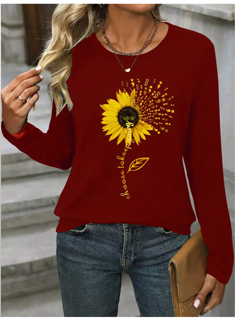 Kadın Uzun Kollu Bisiklet Yaka Ayçiçeği Desenli Viskon Bluz