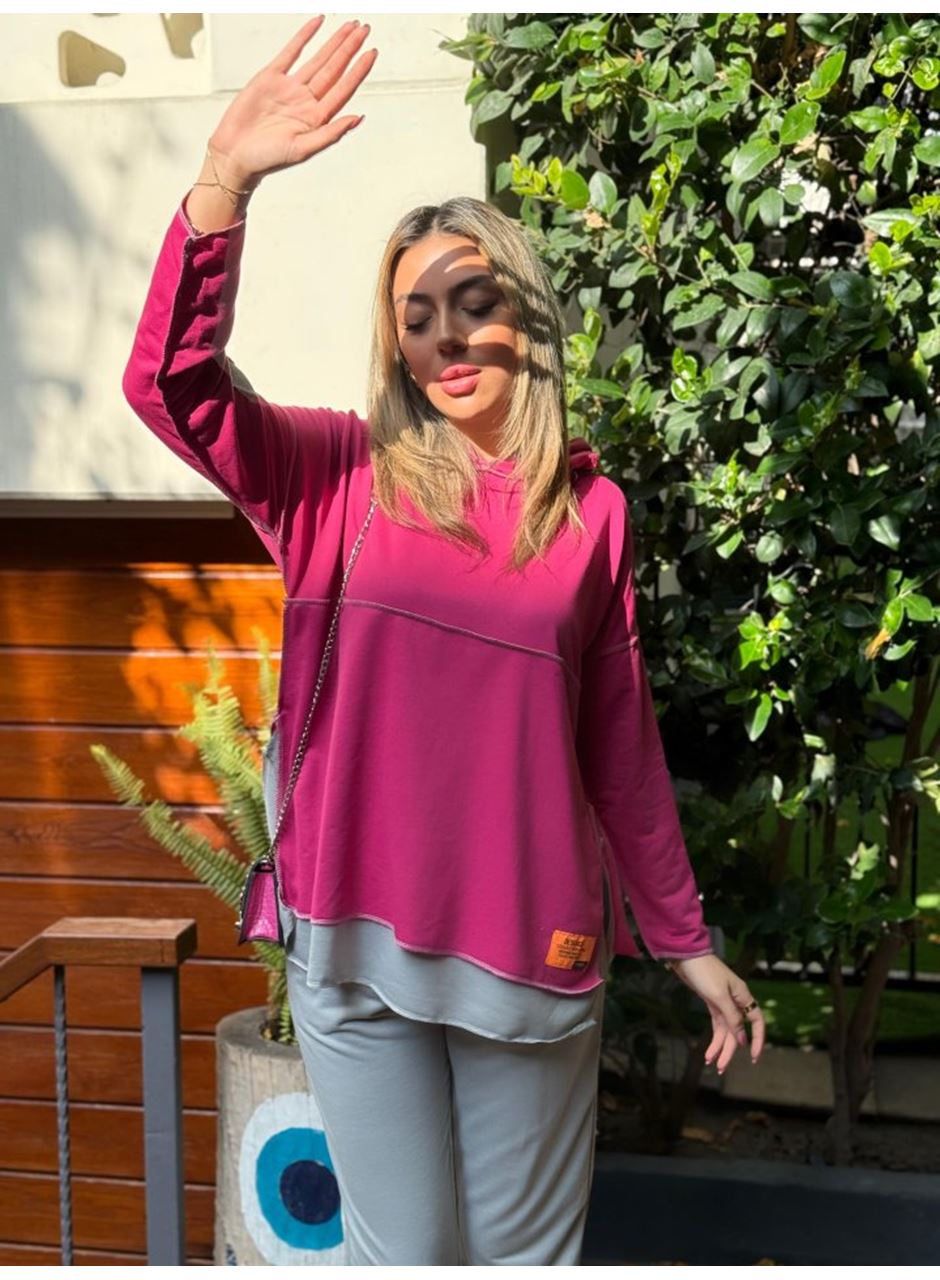 Kadın Pembe Kapşonlu Etek Ucu Detay Arma Ters Dikiş Gorunumlu Ikili Takım