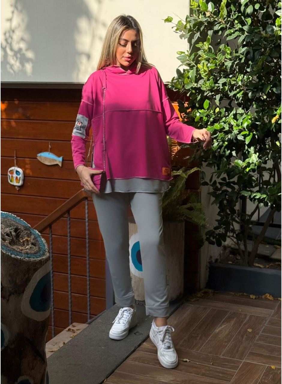 Kadın Pembe Kapşonlu Etek Ucu Detay Arma Ters Dikiş Gorunumlu Ikili Takım