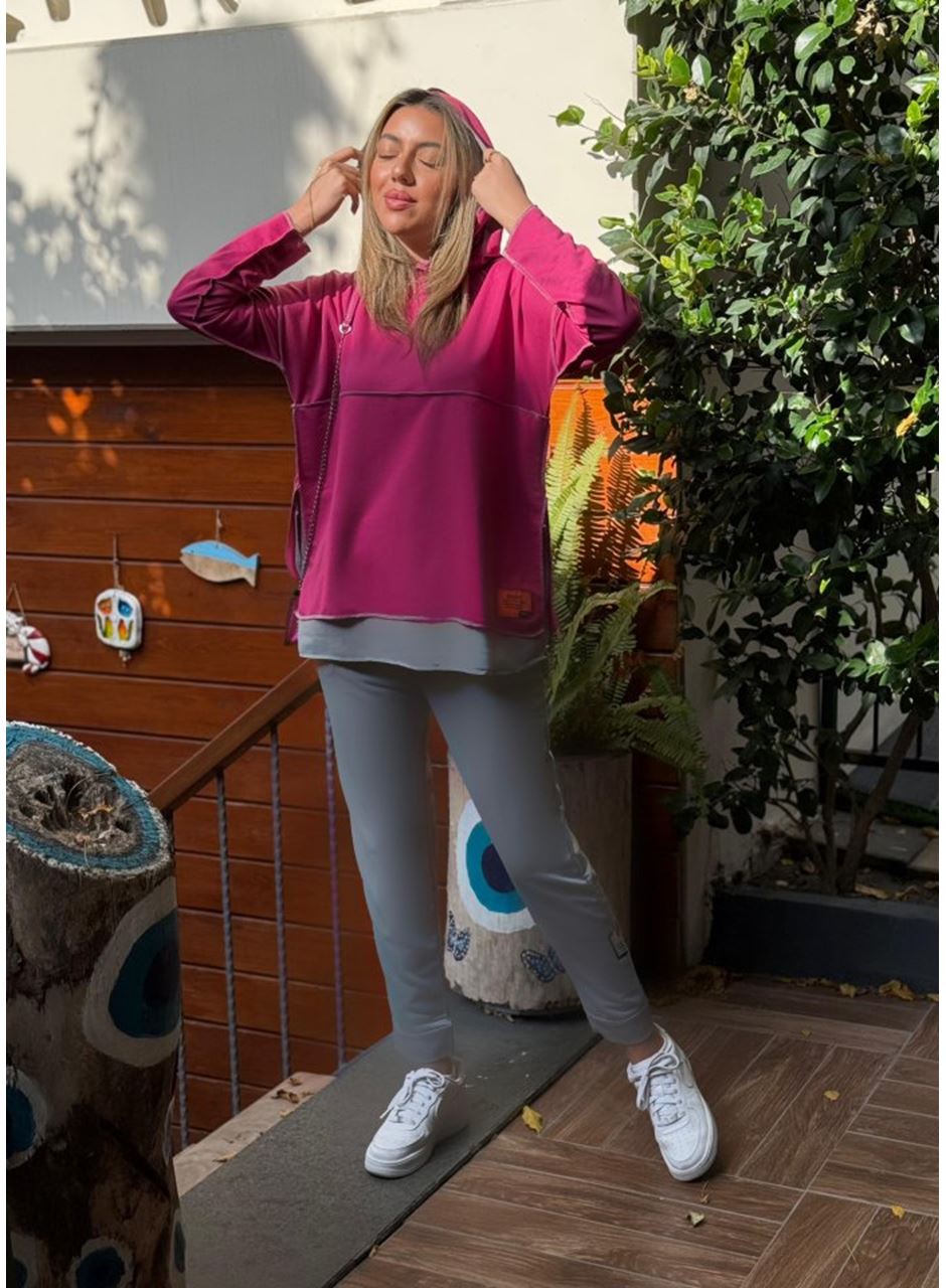 Kadın Pembe Kapşonlu Etek Ucu Detay Arma Ters Dikiş Gorunumlu Ikili Takım