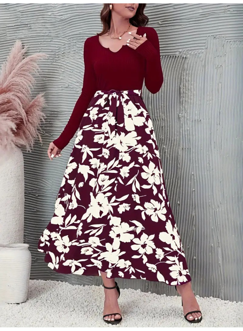 Kadın Uzun Kollu Yaka Açık üst Kaşkorse Beli Kuşaklı Alt çiçek Baskılı Dalgıç Elbise