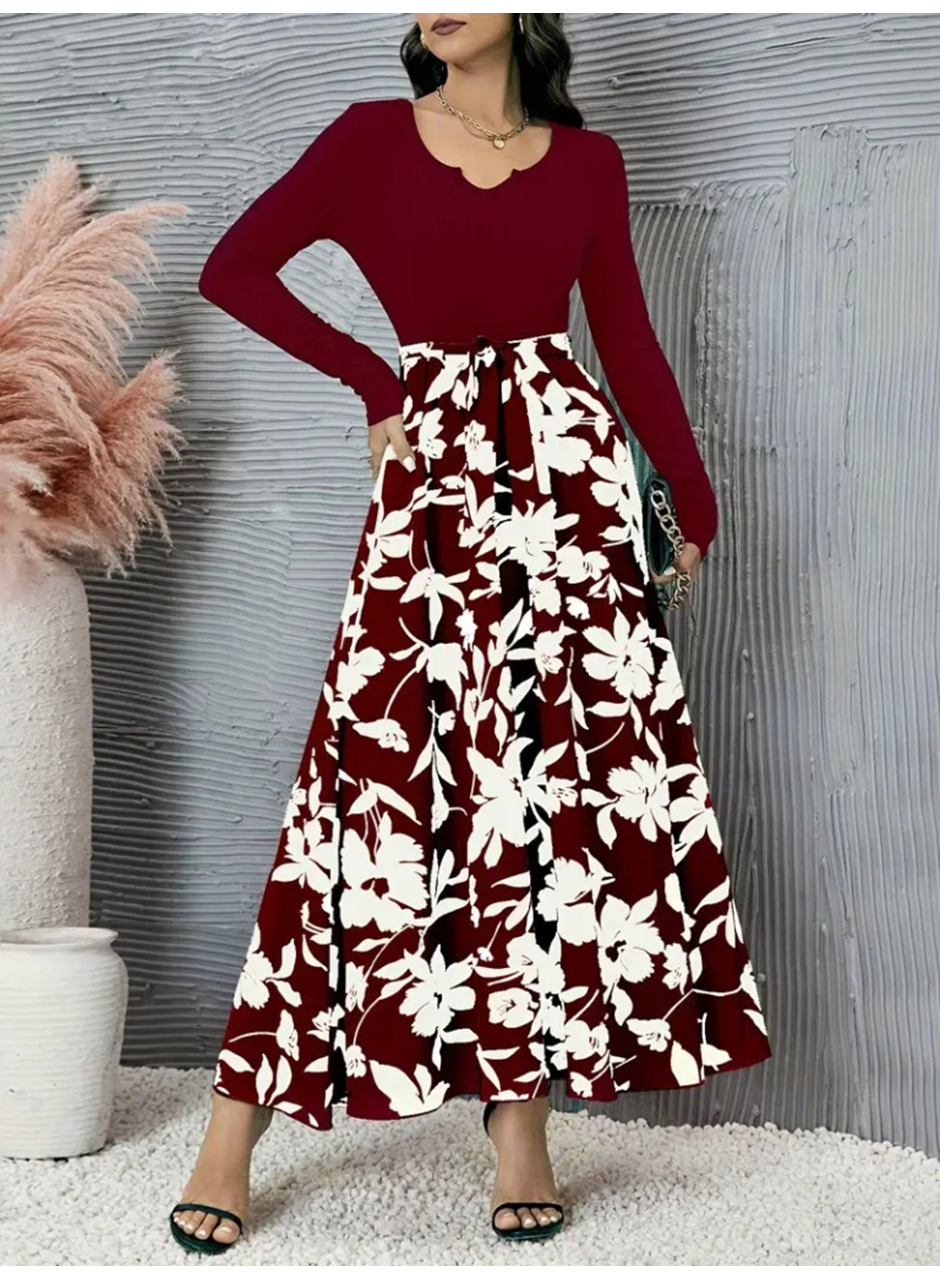 Kadın Uzun Kollu Yaka Açık üst Kaşkorse Beli Kuşaklı Alt çiçek Baskılı Dalgıç Elbise