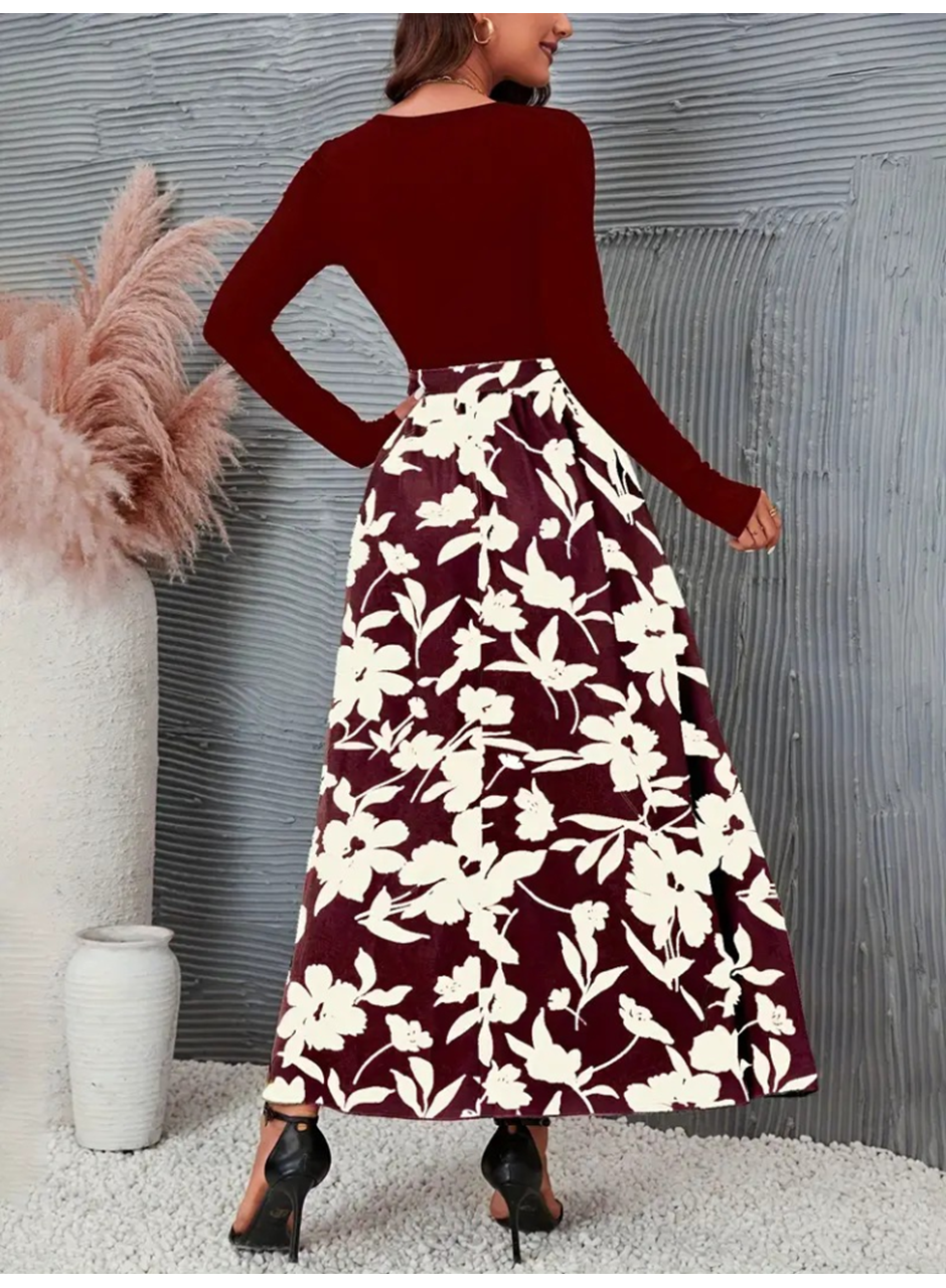 Kadın Uzun Kollu Yaka Açık üst Kaşkorse Beli Kuşaklı Alt çiçek Baskılı Dalgıç Elbise