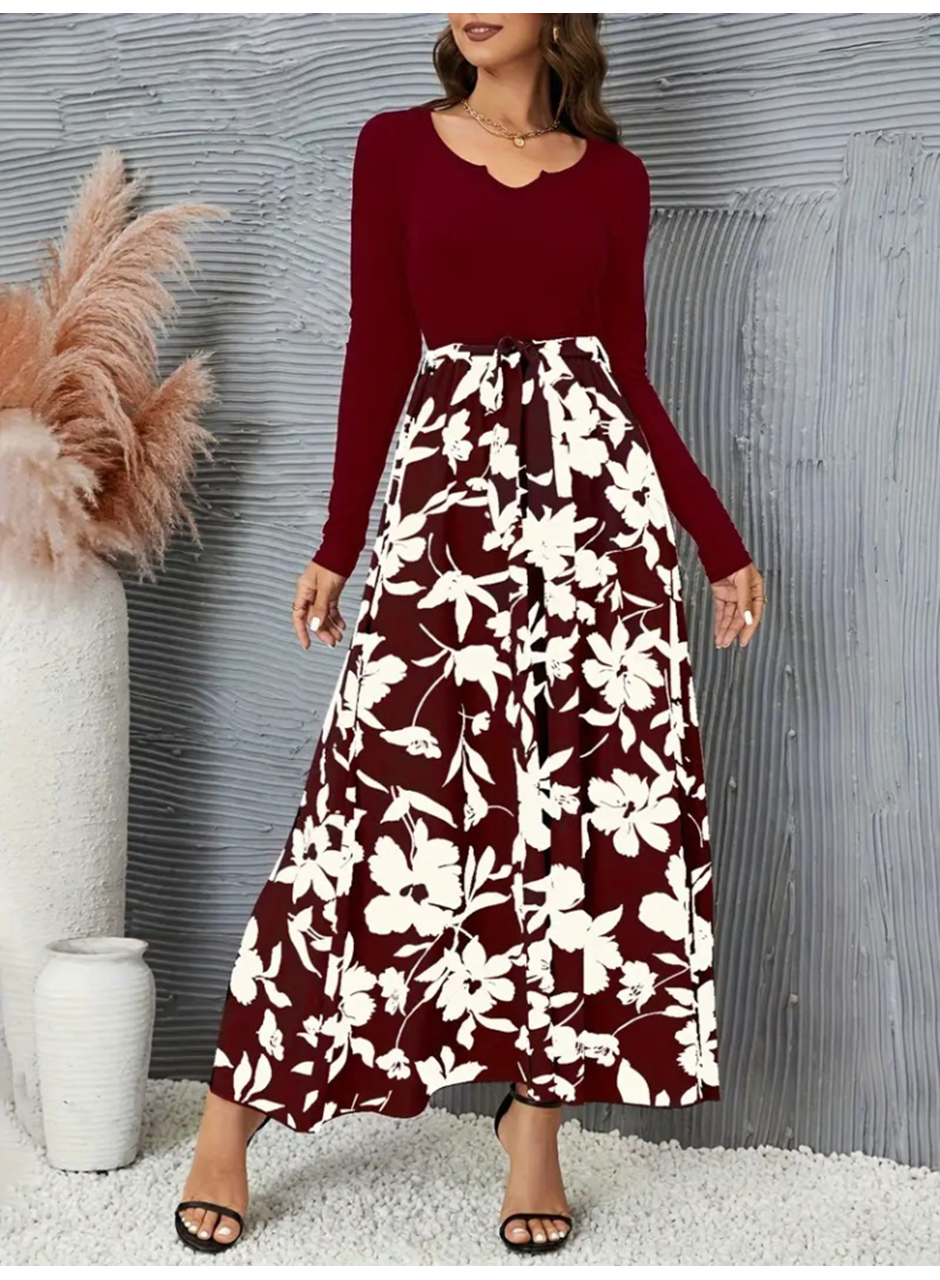 Kadın Uzun Kollu Yaka Açık üst Kaşkorse Beli Kuşaklı Alt çiçek Baskılı Dalgıç Elbise