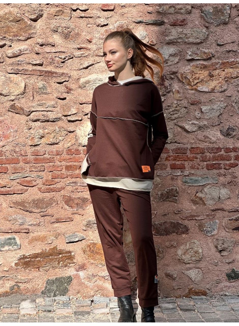 Kadın Kahve Kapşonlu Etek Ucu Detay Arma Ters Dikiş Gorunumlu Ikili Takım