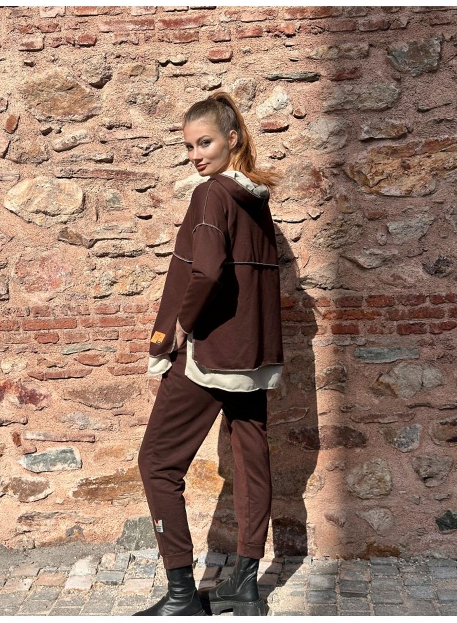 Kadın Kahve Kapşonlu Etek Ucu Detay Arma Ters Dikiş Gorunumlu Ikili Takım