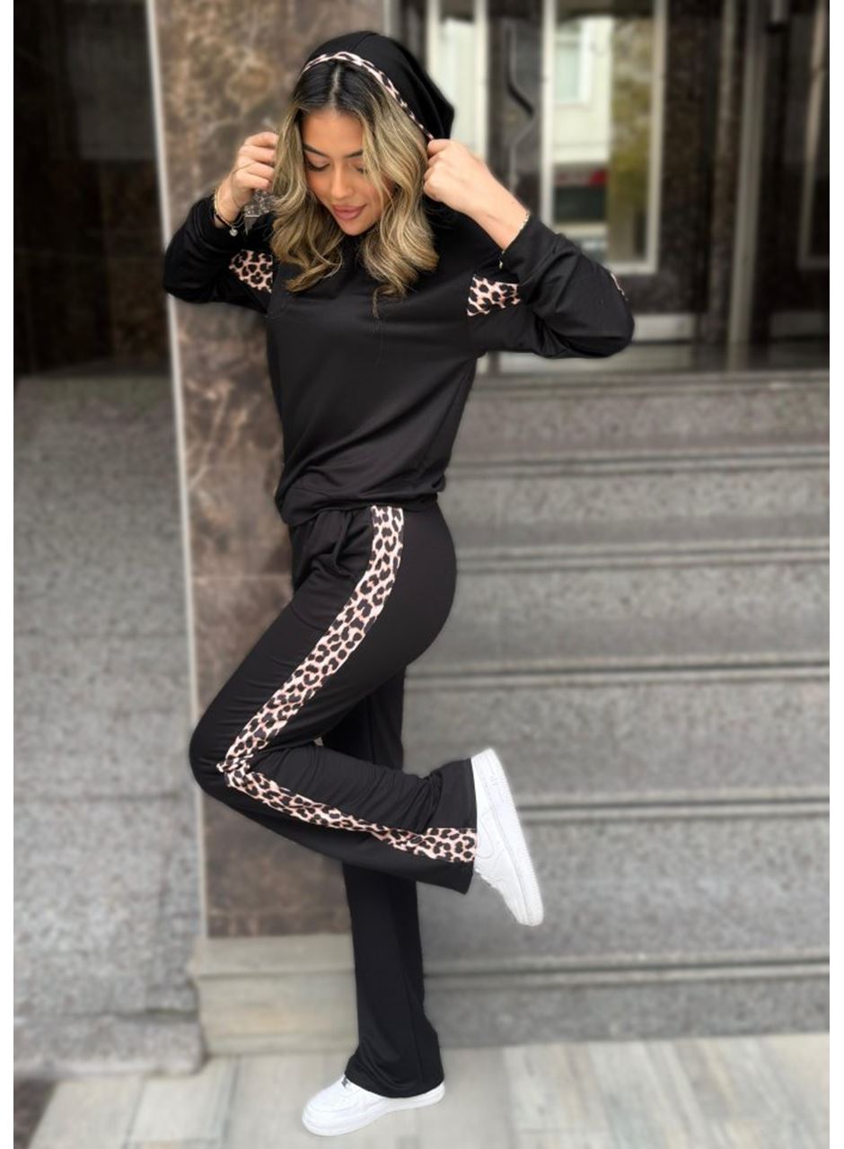 Kadın Kapüşonlu Leopar Detay Sweat Ve Yüksek Bel Yanları Leopar şeritli Bol Paça Pantolon Ikili Takım