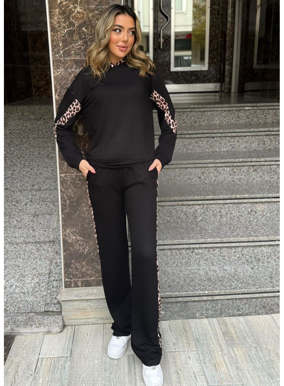 Kadın Kapüşonlu Leopar Detay Sweat Ve Yüksek Bel Yanları Leopar şeritli Bol Paça Pantolon Ikili Takım