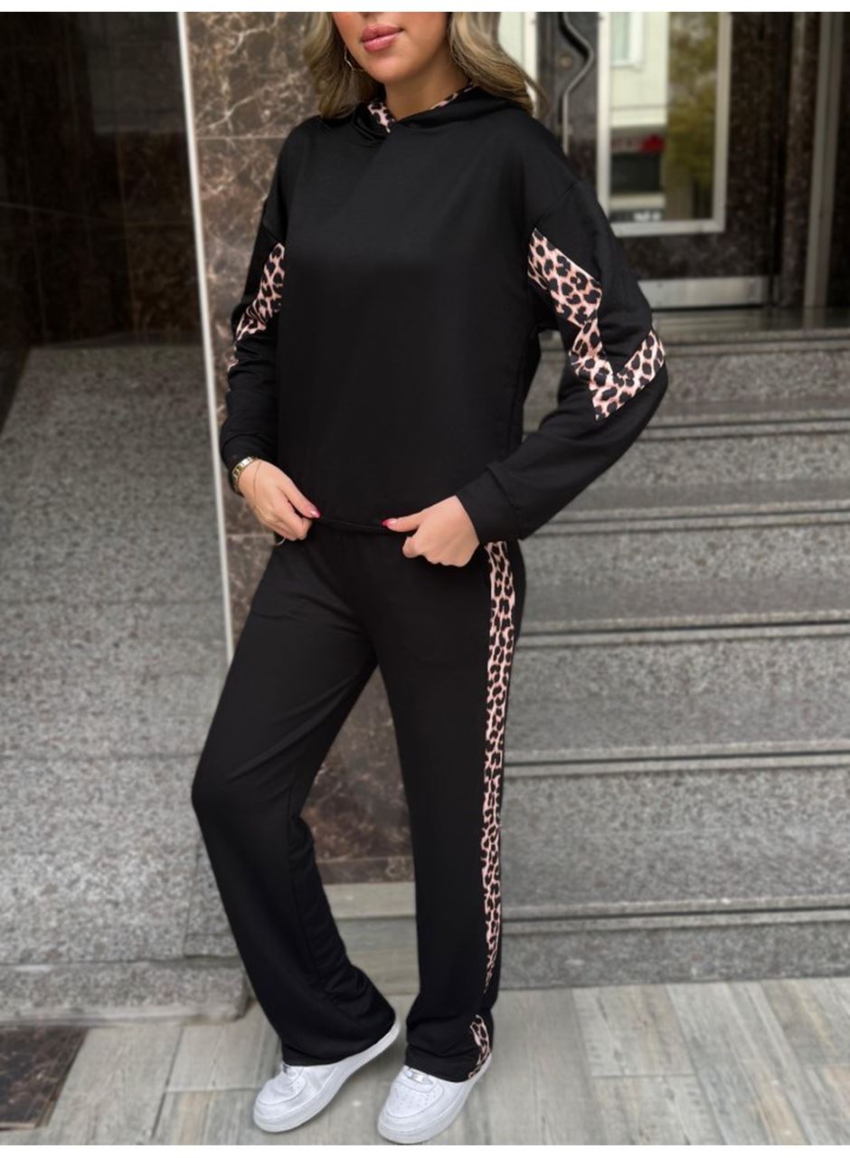 Kadın Kapüşonlu Leopar Detay Sweat Ve Yüksek Bel Yanları Leopar şeritli Bol Paça Pantolon Ikili Takım