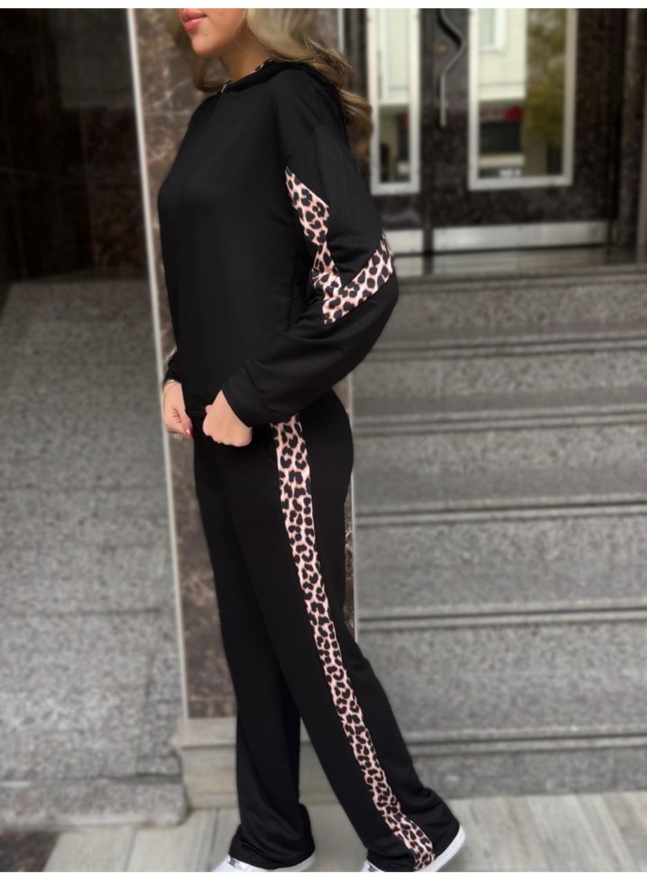 Kadın Kapüşonlu Leopar Detay Sweat Ve Yüksek Bel Yanları Leopar şeritli Bol Paça Pantolon Ikili Takım