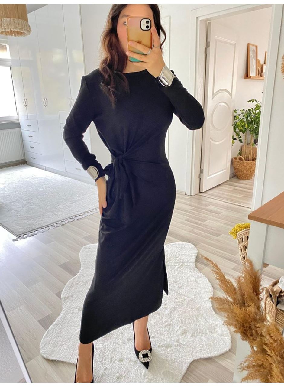 Kadın Uzun Kollu Bisiklet Yaka Belden çapraz Bağlamalı Yandan Yırtmaçlı Uzun Viskon Iki Iplik Elbise