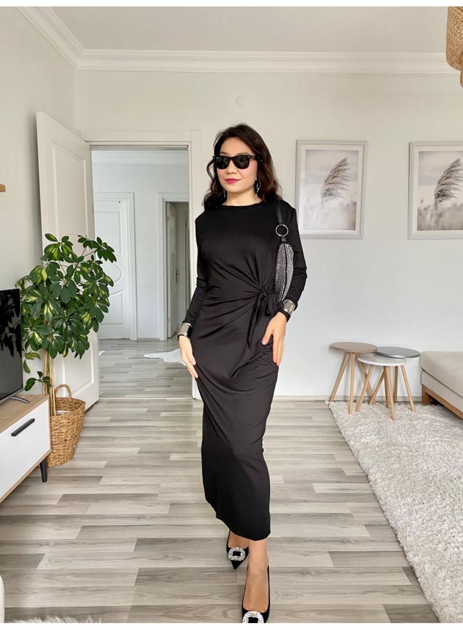 Kadın Uzun Kollu Bisiklet Yaka Belden çapraz Bağlamalı Yandan Yırtmaçlı Uzun Viskon Iki Iplik Elbise