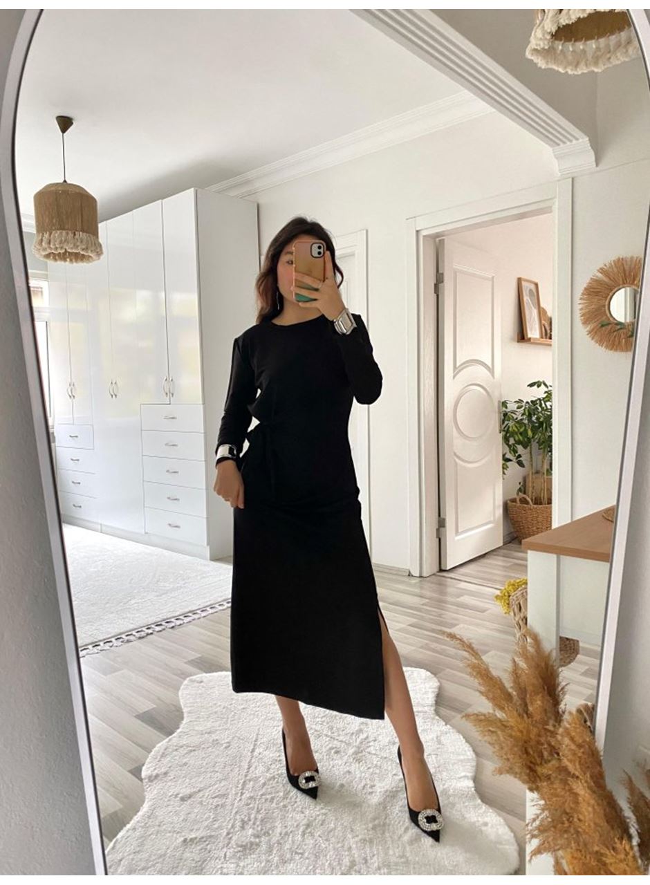 Kadın Uzun Kollu Bisiklet Yaka Belden çapraz Bağlamalı Yandan Yırtmaçlı Uzun Viskon Iki Iplik Elbise