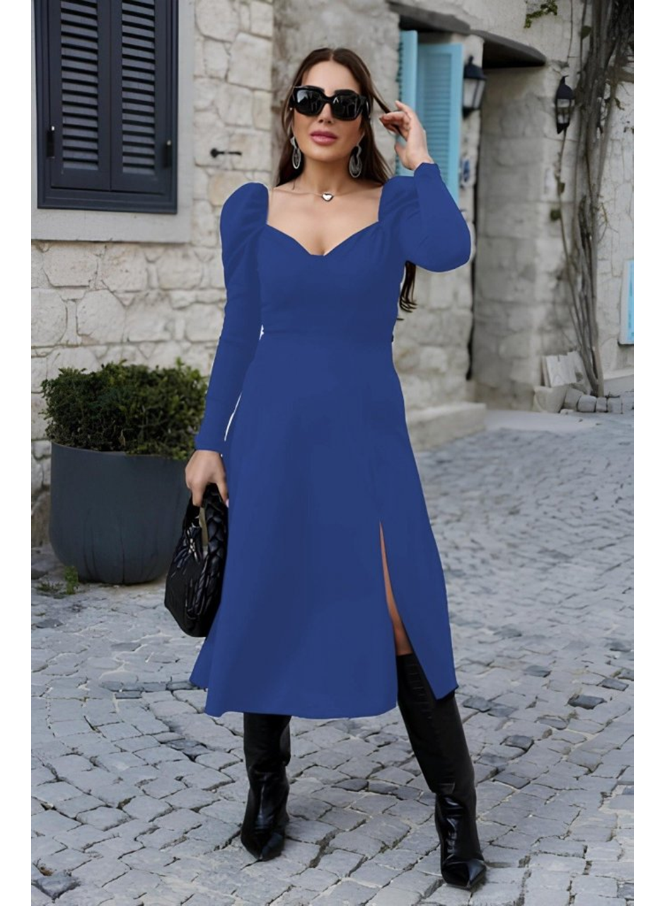 Kadın Uzun Kollu Göğüs Ve Sırt Dekolteli Krep Midi Boy Elbise